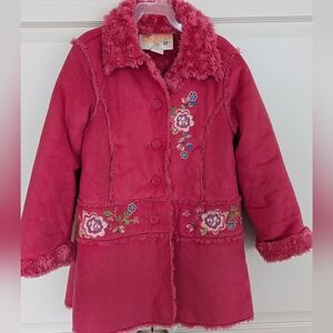 2/$35 Girls Coat Size 5 Pink Faux Fur Fleece Suede Embroidered Floral Jacket